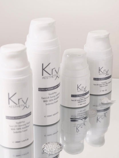 The dense, cushion-like texture of KrX Youthplex Face Lift Cream; a topical liquid filler solution that solves the 'deflated' look of aging skin by using Volufiline™ to physically repuff and volumize the cheek and temple area.