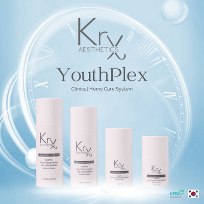 The KrX Youthplex Face Lift Serum alongside the full bundle; a pro-aging solution that solves the 'thinning skin' problem in mature complexions by combining Ceramides with advanced growth factor peptides.