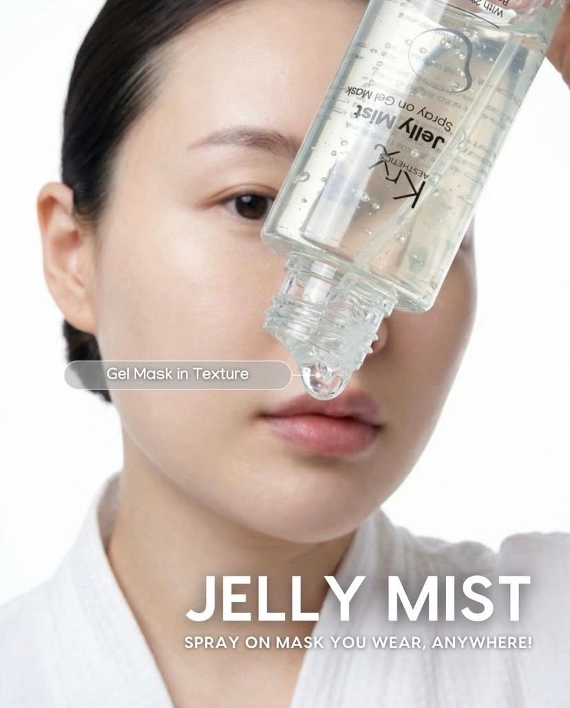 KrX Jelly Mist, a revolutionary liquid sheet mask in a spray-on gel format, providing instant barrier repair and deep hydration without the mess of traditional masks.
