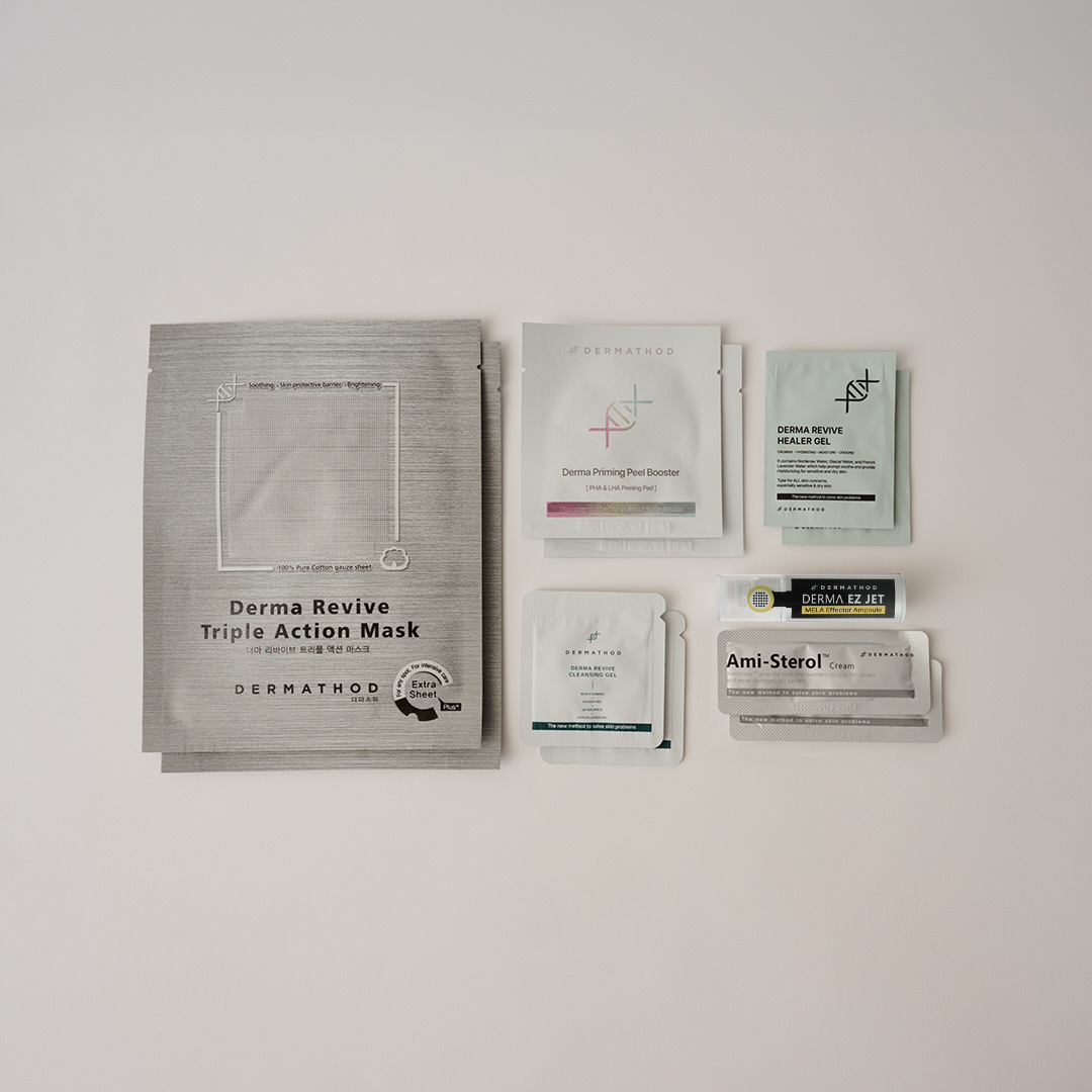 Dermathod Mela Effector single treatment kit contents — complete Korean microchanneling protocol with Priming Peel Pads, Derma Revive Mask, and Ami-Sterol Cream.