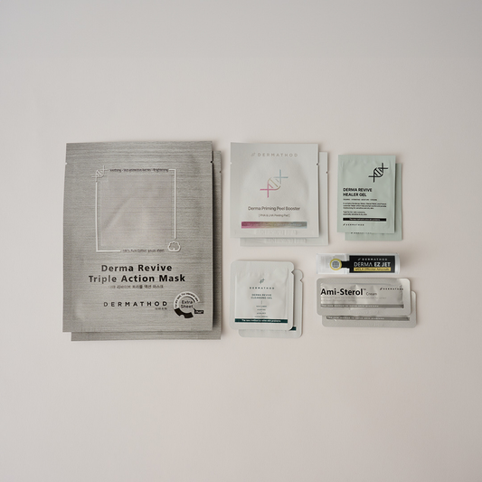 Dermathod Mela Effector single treatment kit contents — complete Korean microchanneling protocol with Priming Peel Pads, Derma Revive Mask, and Ami-Sterol Cream.