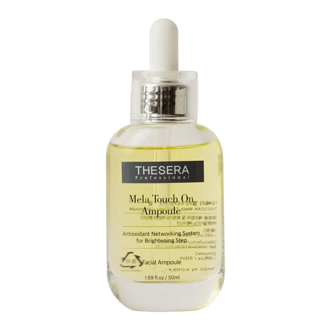 Thesera Mela Touch On Brightening Ampoule bottle — 10% PHA complex and Glutathione serum to fade dark spots and even skin tone without redness.