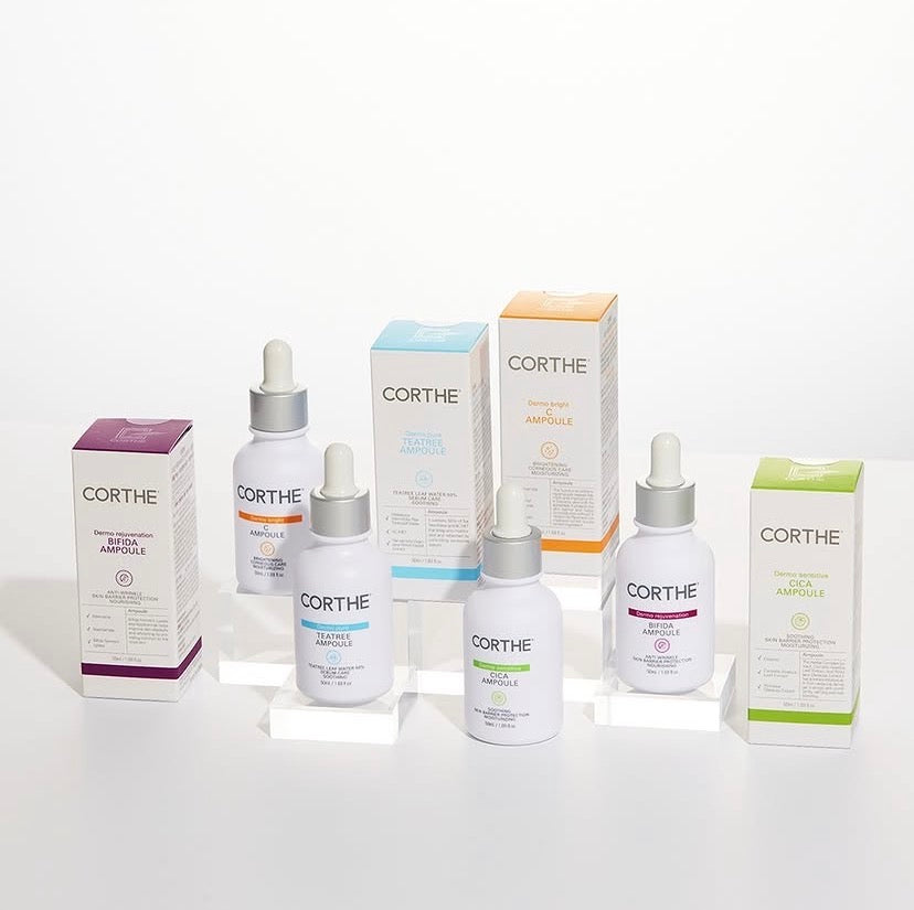 Korean microbiome-supporting serum, Corthe Bifida Ampoule, used to calm reactive skin and protect against environmental stress.