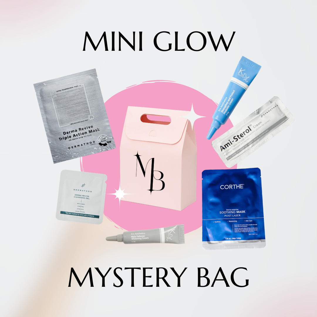 Mini Glow Mystery Bag gift set featuring travel-sized Korean skincare, professional sheet masks, and luxury K-beauty samples for glowing skin.
