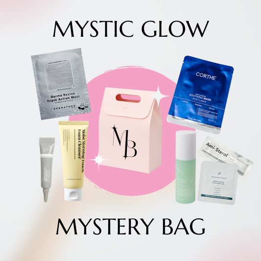 Mystic Glow Mystery Bag featuring a curated assortment of Korean sheet masks, serums, and professional skincare minis for glass skin.