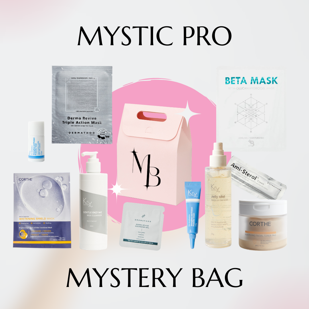 Premium Korean skincare mystery bag containing full-size professional cleanser, toner, and sheet masks for a glass skin glow.