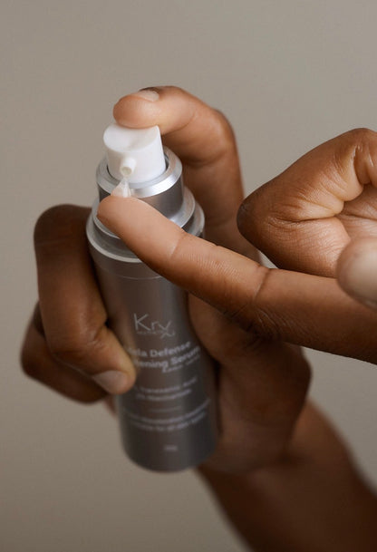 The KrX Mela Défense Whitening Serum, a non-bleaching, hydroquinone-free formula that is safe and highly recommended for darker Fitzpatrick skin tones.