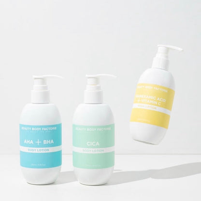 Vitamin-enriched body brightening and smoothing Korean body care bundle; featuring high-purity botanical extracts and clinical acids to revitalize dull, tired skin from neck to toe.