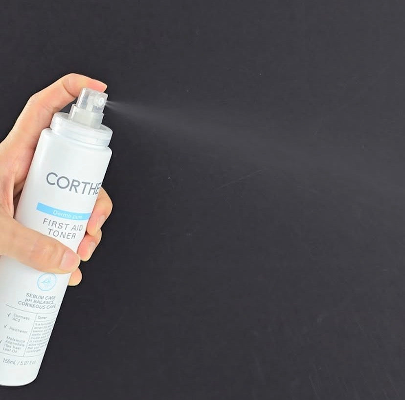 Using Corthe Dermo Pure Toner to prep skin; a dual-action solution that solves post-acne dullness and discoloration using Saccharomyces Ferment and Niacinamide for improved clarity.