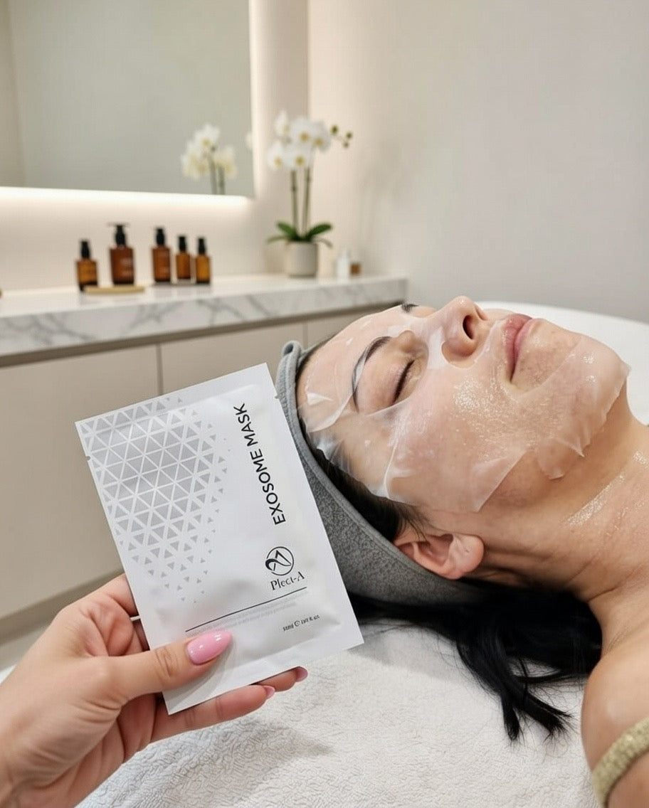 Ultra-thin, high-adherence exosome sheet mask delivering a concentrated dose of peptides and Cica exosomes deep into the skin for a radiant, youthful complexion.