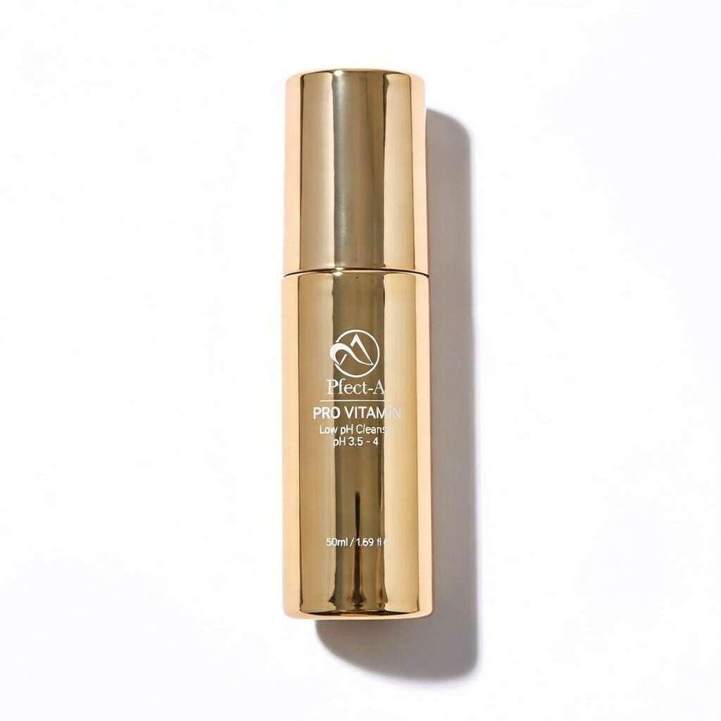 Pfect-A Pro Vitamin Low pH Cleanser in a gold airless pump; a professional solution that solves "barrier-stripping" by mirroring the skin's natural 3.5–4.5 pH to keep the acid mantle and microbiome perfectly intact during cleansing.