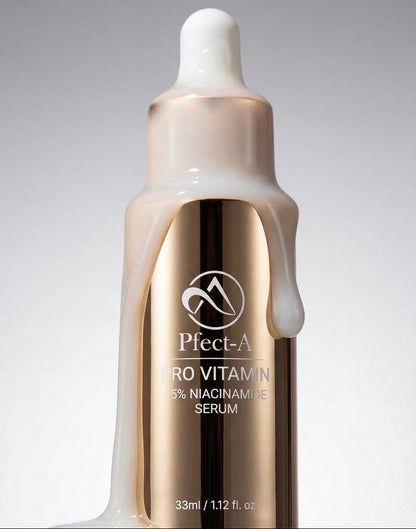 Professional-grade Pfect-A Korean Niacinamide treatment bottle, a fragrance-free serum formulated with Zinc PCA and Resveratrol to tighten pores and reduce dark spots.