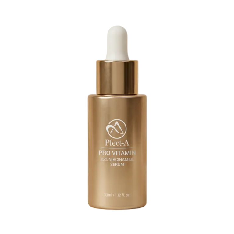 Pfect-A Pro Vitamin Niacinamide 15% Serum in a luxury gold dropper bottle, a clinical-grade Korean skin barrier repair serum for clearing hyperpigmentation and oily skin.