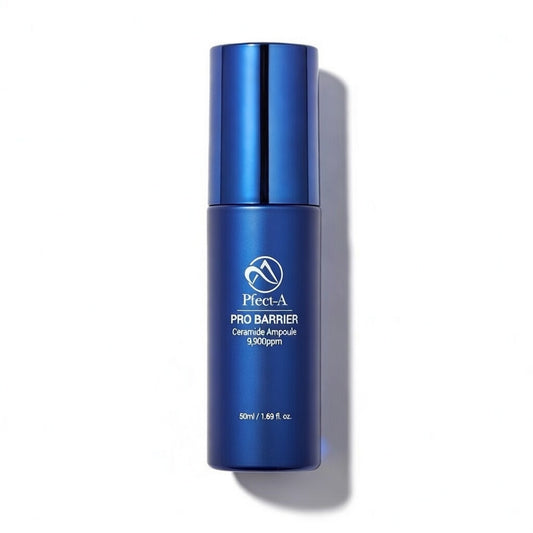 Pfect-A Ceramide Ampoule in a 1.69 oz blue bottle; a clinical-grade solution that solves the "incomplete barrier" problem by delivering 9,900 ppm of seven structurally distinct ceramides to rebuild the skin's natural lipid matrix