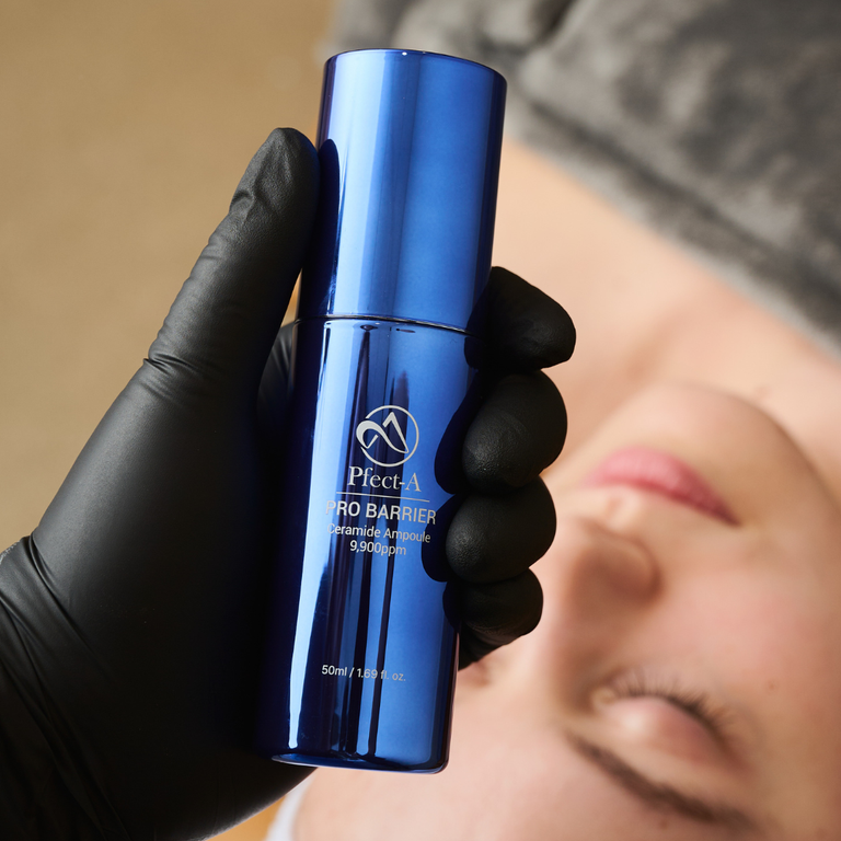 Application of Pfect-A Pro Barrier Ceramide Ampoule; a professional Korean recovery solution that solves "post-procedure trauma" by rapidly replenishing essential lipids to reduce redness and seal the barrier after aesthetic treatments.