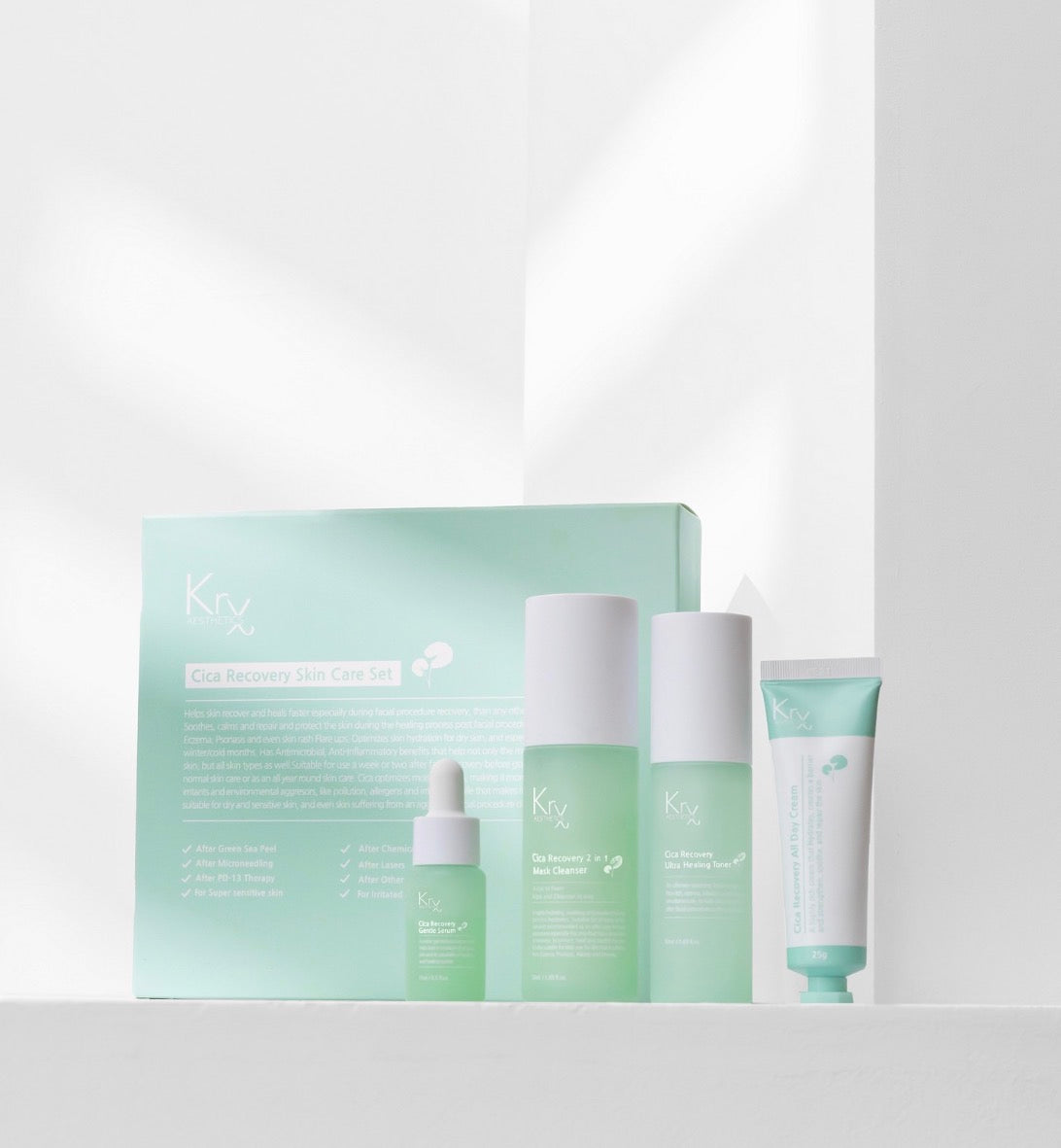 KrX Cica Recovery Bundle four-step Korean Cica barrier repair routine for post-procedure recovery redness reduction and barrier strengthening.