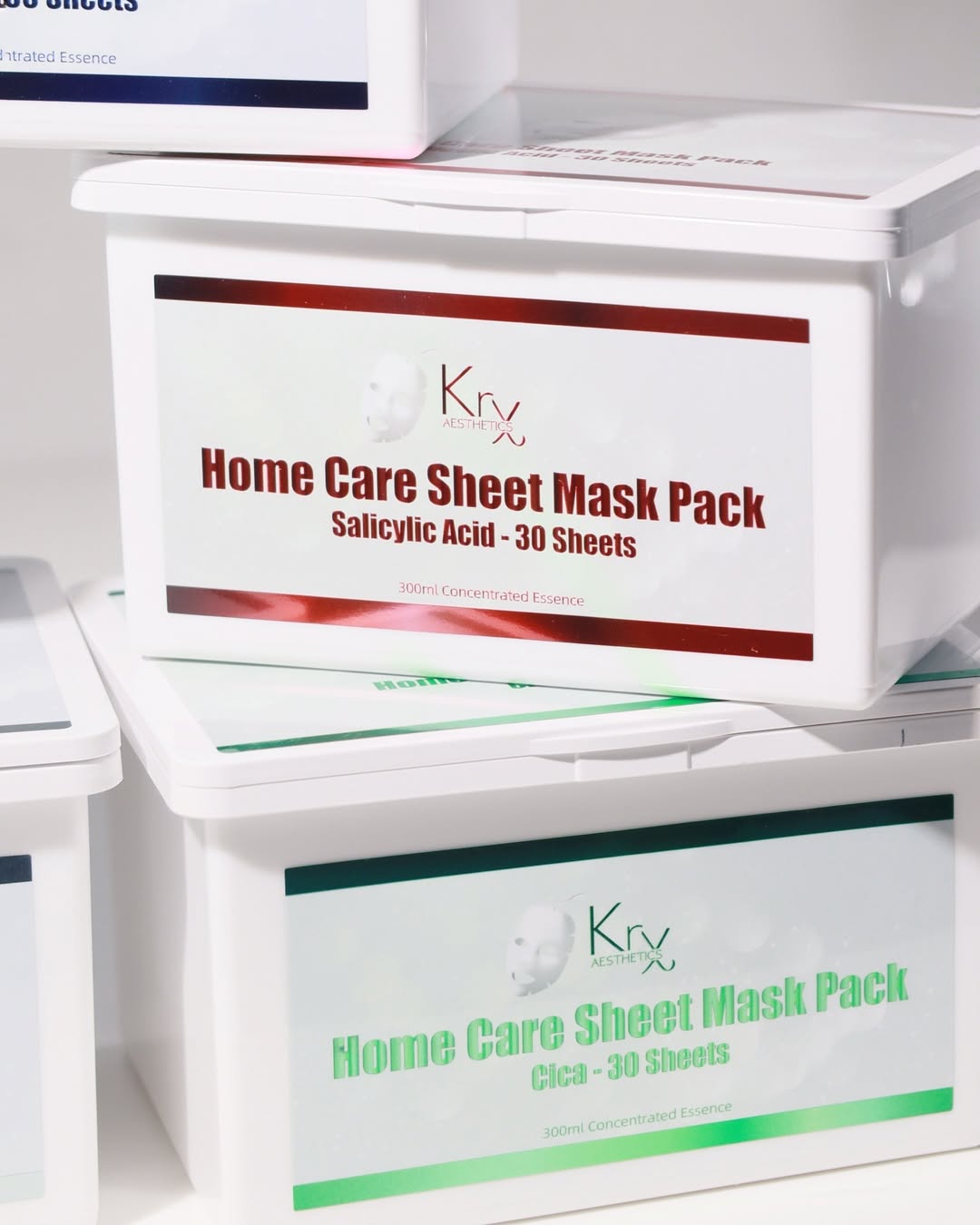 The calming essence of KrX Cica Home Care Masks featuring Sodium Hyaluronate; a hydrating solution that solves "inflammation-dryness" by plumping the skin with deep moisture while green tea and licorice root neutralize oxidative stress.