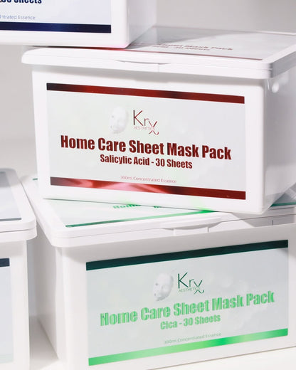 The calming essence of KrX Cica Home Care Masks featuring Sodium Hyaluronate; a hydrating solution that solves "inflammation-dryness" by plumping the skin with deep moisture while green tea and licorice root neutralize oxidative stress.