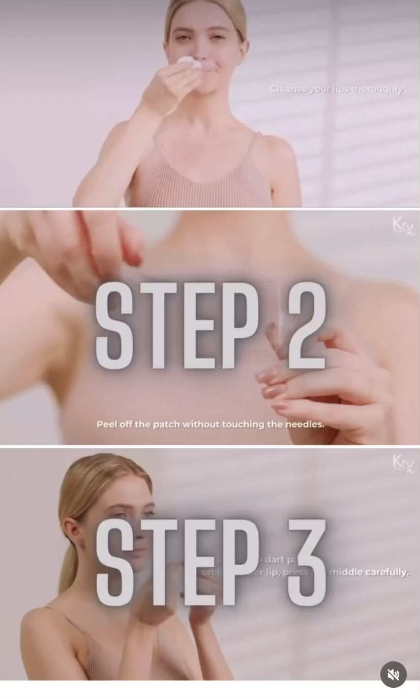 Video tutorial showing the professional application of KrX Lip Darts, demonstrating how to press the dissolvable micro-channeling patches to activate the plumping hyaluronic acid spheres.