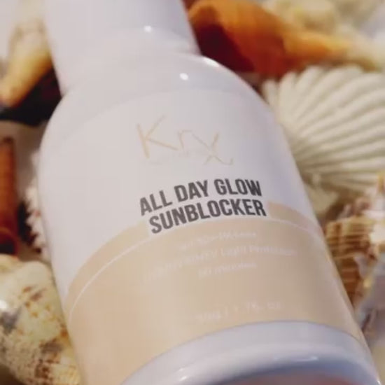 Video demonstration of KrX All Day Sunblocker SPF 50+; a professional Korean mineral sunscreen with a lightweight, invisible finish for all skin tones.
