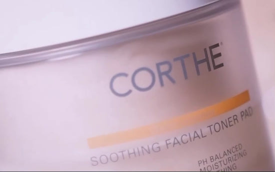 Corthe Essential Soothing Toner Pads in their sleek, travel-friendly jar, providing professional-grade hydration and calming care on the go.