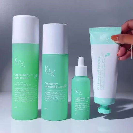 Watch the application of KrX Cica Recovery All Day Cream, acting as a 'liquid bandage' to protect the skin microbiome and reinforce the barrier after professional resurfacing treatments.
