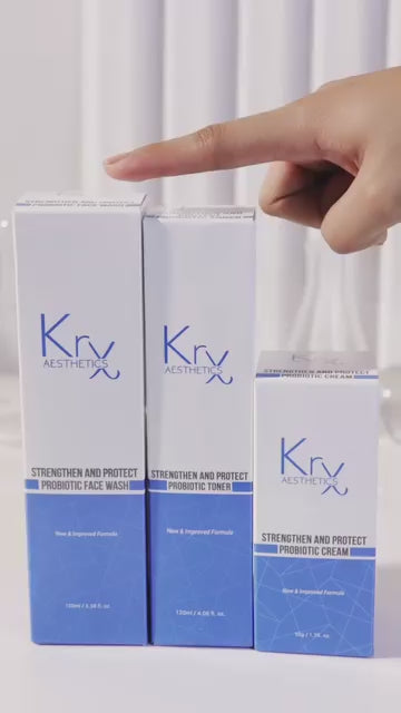 The KrX Strengthen + Protect acne-safe routine; a barrier-first solution that solves hormonal acne and sensitivity by rebuilding skin resilience with Bifida Ferment and Centella Asiatica.