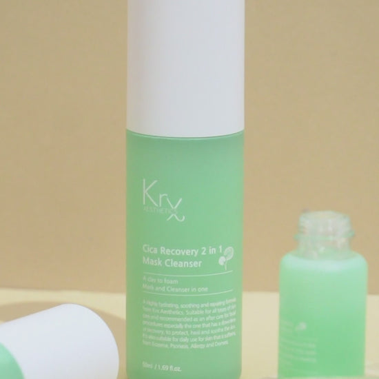 Eliminate harsh scrubbing with KrX Cica Recovery 2-in-1 Cleanser; its self-foaming oxygen bubbles lift dirt and pollutants from pores without the need for irritating mechanical friction.