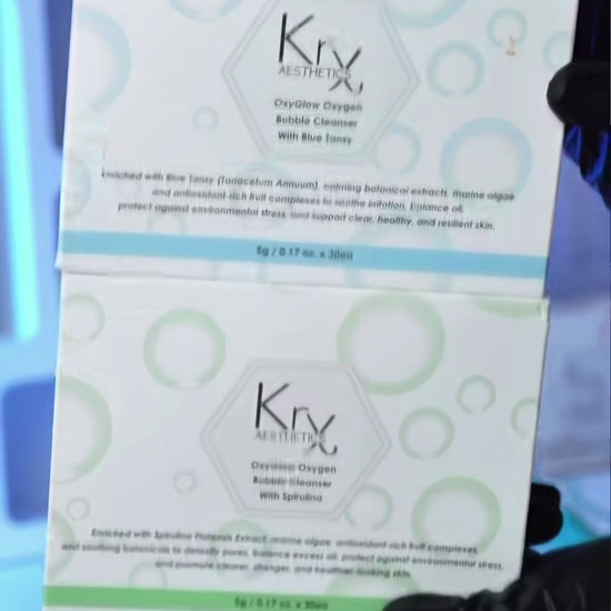 Product preview of KrX OxyGlow single-use oxygen cleanser sachets for targeted skin-cycling and pore detox.