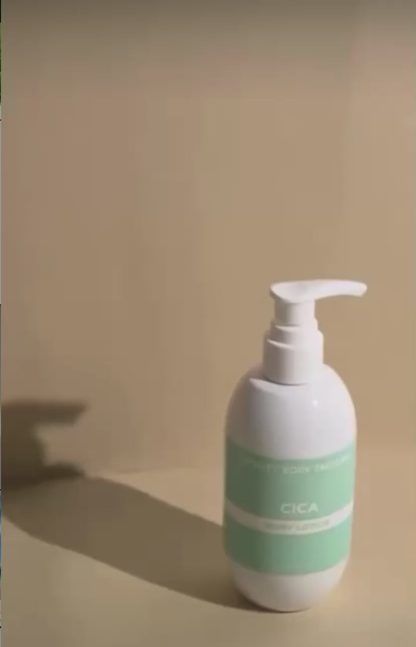 Watch the Cica Body Lotion absorb instantly; a demonstration of its non-comedogenic, weightless Korean body care formula that provides deep hydration without heaviness.