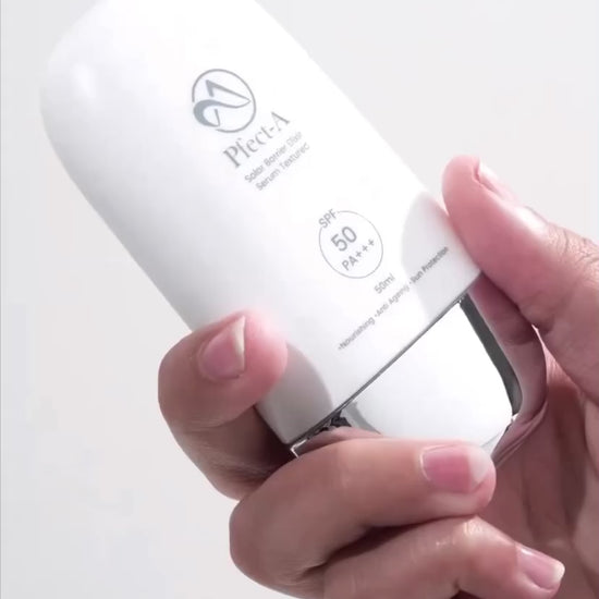 Video demonstration of the weightless serum texture of Pfect-A Solar Elixir Sunscreen, showing instant absorption and a radiant, non-sticky glow.