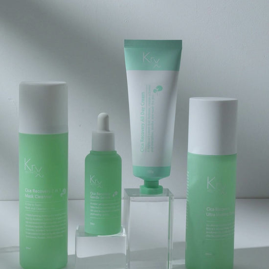 Ultimate post-treatment recovery kit: KrX Cica Recovery Bundle including the 2-in-1 Mask Cleanser, Toner, Serum, and All-Day Cream for sensitive and reactive skin.