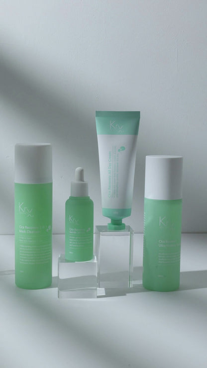 Ultimate post-treatment recovery kit: KrX Cica Recovery Bundle including the 2-in-1 Mask Cleanser, Toner, Serum, and All-Day Cream for sensitive and reactive skin.