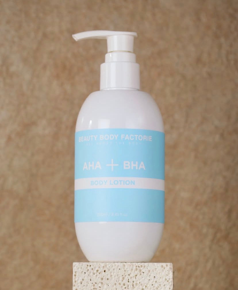 Professional Korean body care routine for textured skin; featuring AHA+BHA to resurface, Cica to calm, and Tranexamic Acid to brighten post-inflammatory marks.