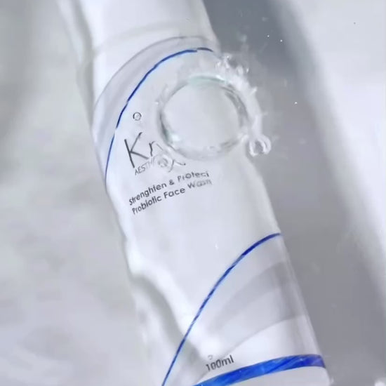 Applying the KrX Strengthen + Protect cleanser to reactive skin; a pH-balanced Korean skincare solution that solves inflammatory heat and stinging, making it ideal for those with eczema-prone or easily irritated skin.