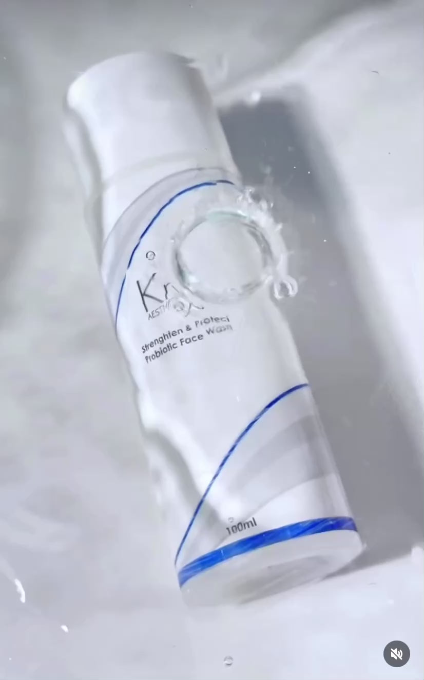 Applying the KrX Strengthen + Protect cleanser to reactive skin; a pH-balanced Korean skincare solution that solves inflammatory heat and stinging, making it ideal for those with eczema-prone or easily irritated skin.