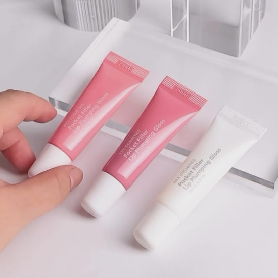 KrX Aesthetics Pocket Filler Lip Plumping Gloss collection in Red, Pink, and Clear; a professional Korean lip treatment that provides instant volume and a high-shine, glass-like finish.