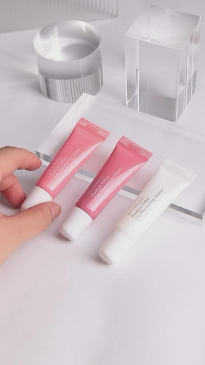 KrX Aesthetics Pocket Filler Lip Plumping Gloss collection in Red, Pink, and Clear; a professional Korean lip treatment that provides instant volume and a high-shine, glass-like finish.