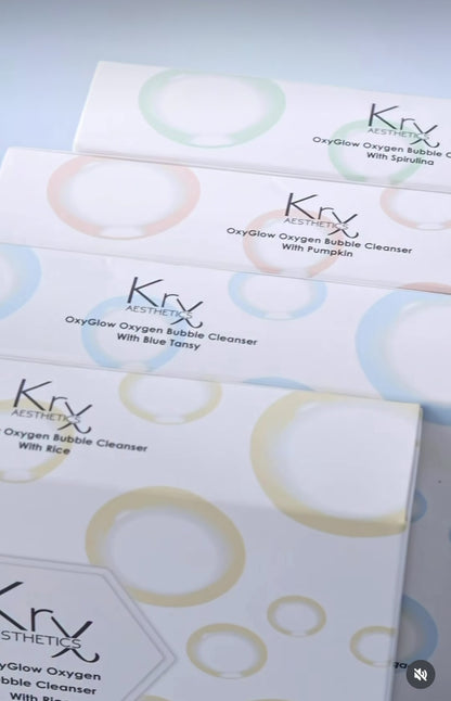Video showing the four-pack KrX OxyGlow Korean oxygen bubble cleanser sachets for brightening, detoxing, and soothing skin.