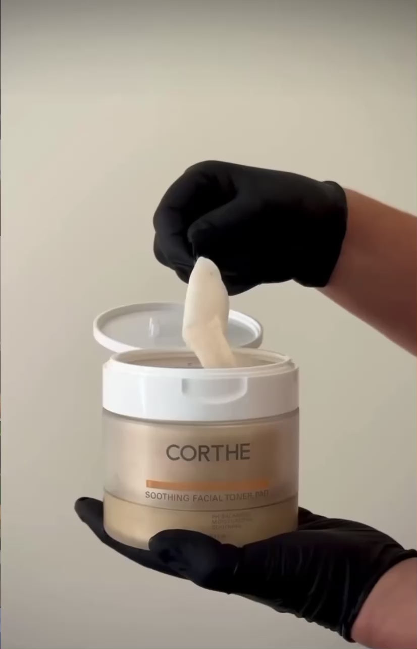 Professional Corthe Korean toner pads designed to provide instant cooling relief and reduce redness for skin recovering from laser treatments or chemical peels.