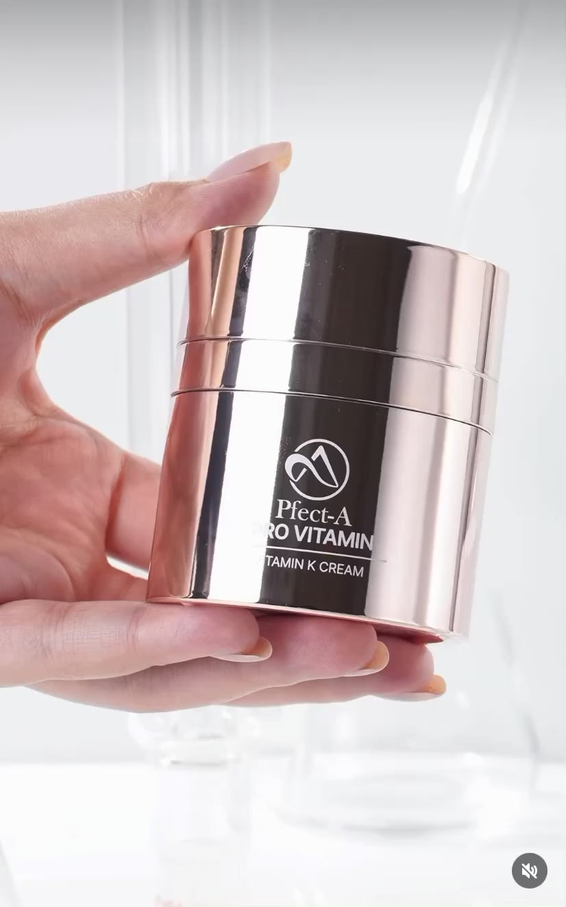 Pfect-A Vitamin K Cream used as a targeted under-eye treatment; a brightening solution that solves the "vascular congestion" dilemma by clearing the blue-purple shadows caused by stagnant blood flow beneath the eyes.