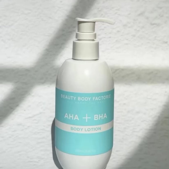 Watch the lightweight texture of Beauty Body Factorie AHA + BHA absorb instantly; a non-sticky solution for smoothing rough texture and refining large body pores.
