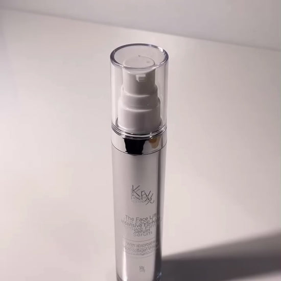 Close-up of the tacky, honey-like texture of KrX The Face Lift Intensive Firming Serum being applied to show its intensive firming and lifting grip.