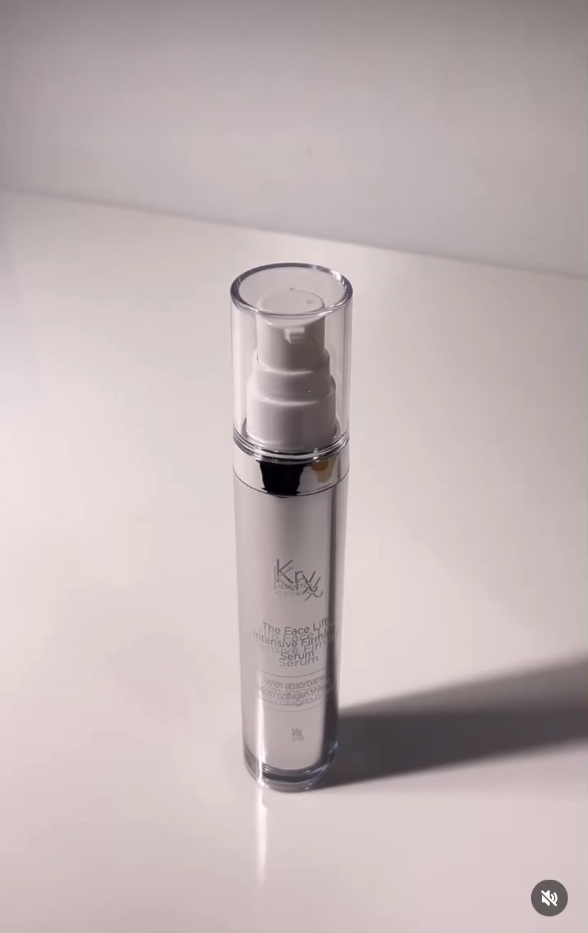 Close-up of the tacky, honey-like texture of KrX The Face Lift Intensive Firming Serum being applied to show its intensive firming and lifting grip.