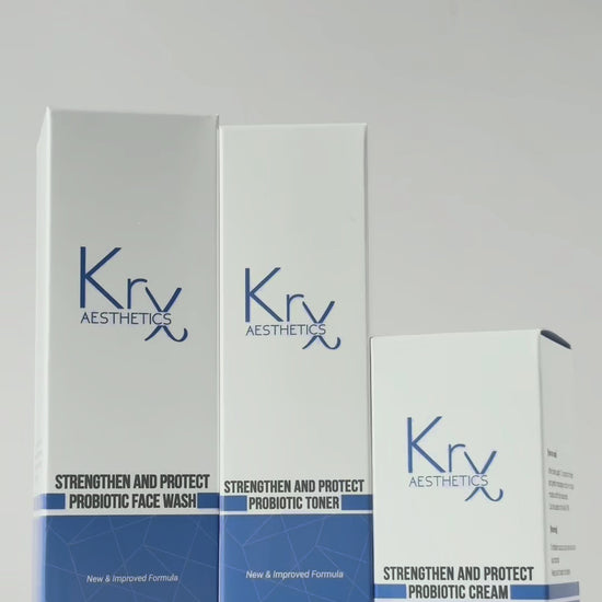 KrX Aesthetics Probiotic System 3-step K-beauty routine for barrier repair, featuring the Probiotic Face Wash, Toner, and Cream to soothe sensitive, acne-prone skin.