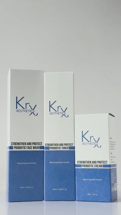 KrX Aesthetics Probiotic System 3-step K-beauty routine for barrier repair, featuring the Probiotic Face Wash, Toner, and Cream to soothe sensitive, acne-prone skin.
