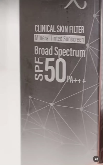 KrX Clinical Skin Filter SPF 50 PA+++ packaging; a total-shield solution that solves "invisible UV damage" with a hybrid mineral formula that blocks both aging UVA and burning UVB rays for 360-degree protection.