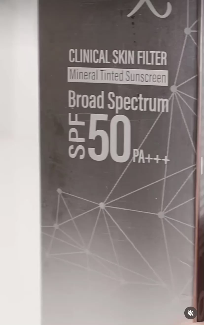 KrX Clinical Skin Filter SPF 50 PA+++ packaging; a total-shield solution that solves "invisible UV damage" with a hybrid mineral formula that blocks both aging UVA and burning UVB rays for 360-degree protection.