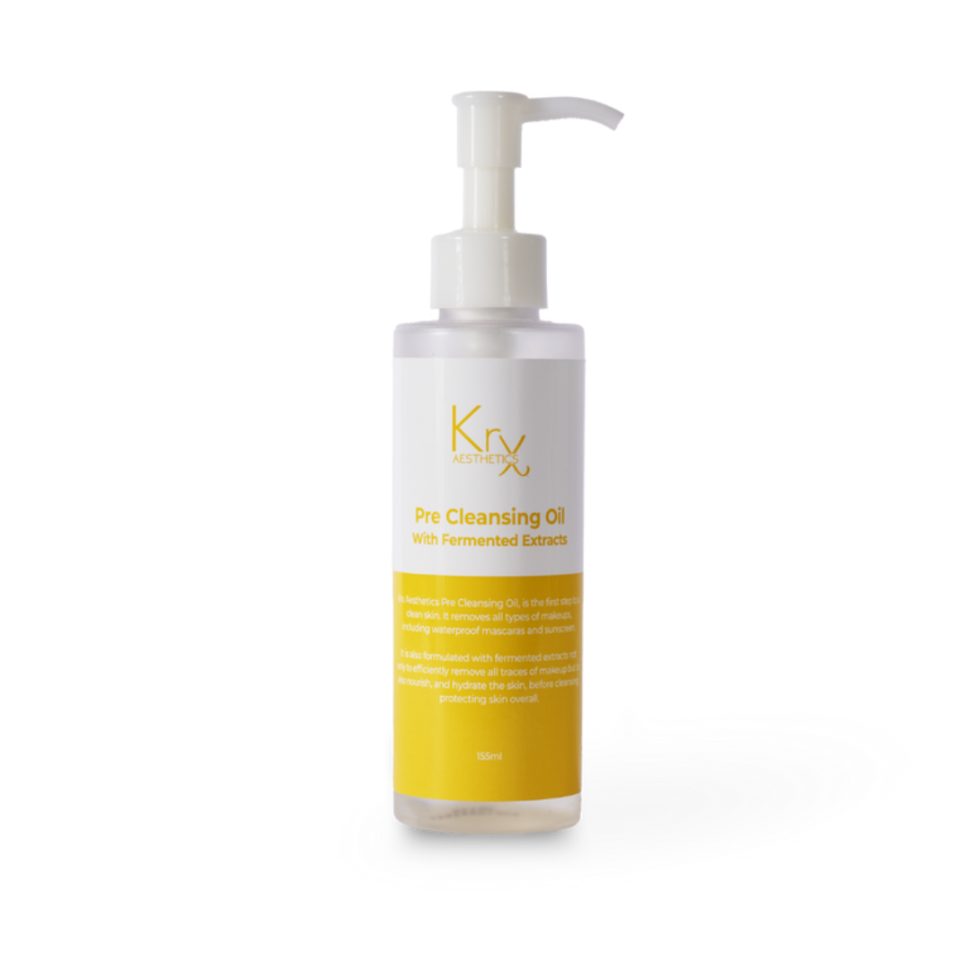 KrX Pre-Cleansing Oil with Fermented Extracts; a non-comedogenic Korean oil cleanser solution that solves the problem of hardened sebum and blackheads by deeply dissolving oil-based impurities while supporting the skin barrier.