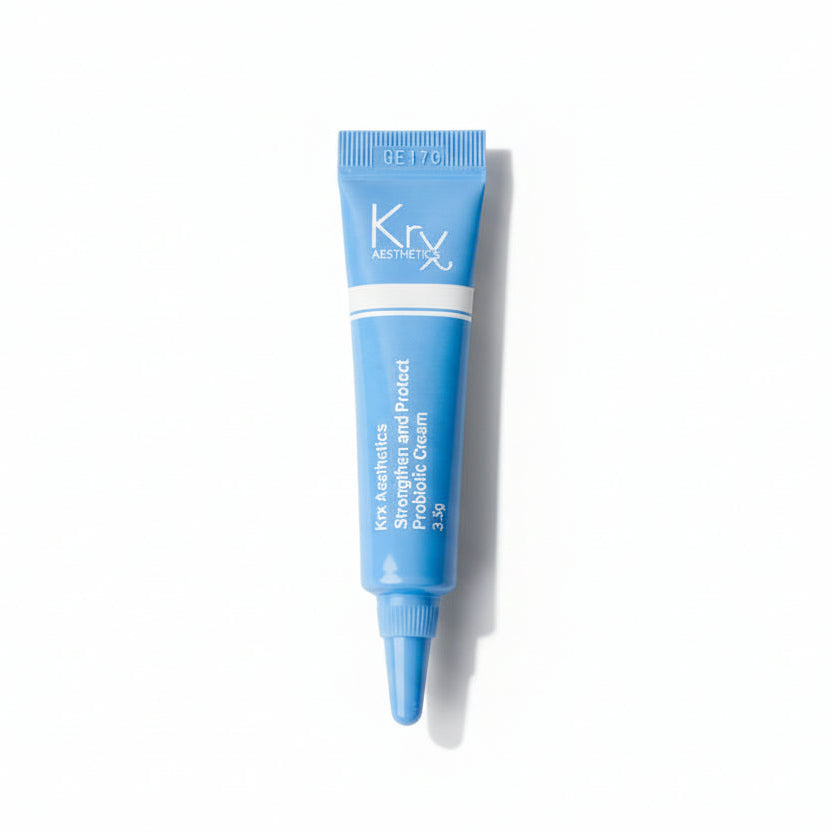 A 3.5g SAMPLE KrX Strengthen + Protect Probiotic Face Cream tube; an acne-safe trial solution that solves 'new product anxiety' by allowing a patch test of this microbiome-friendly, non-comedogenic formula